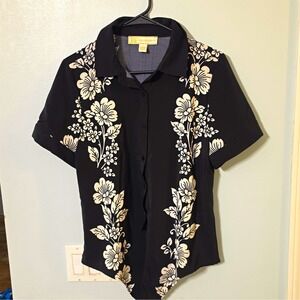 Rich & Famous Men's Woven SS Button-Up Hawaiian Floral L Black/White #167